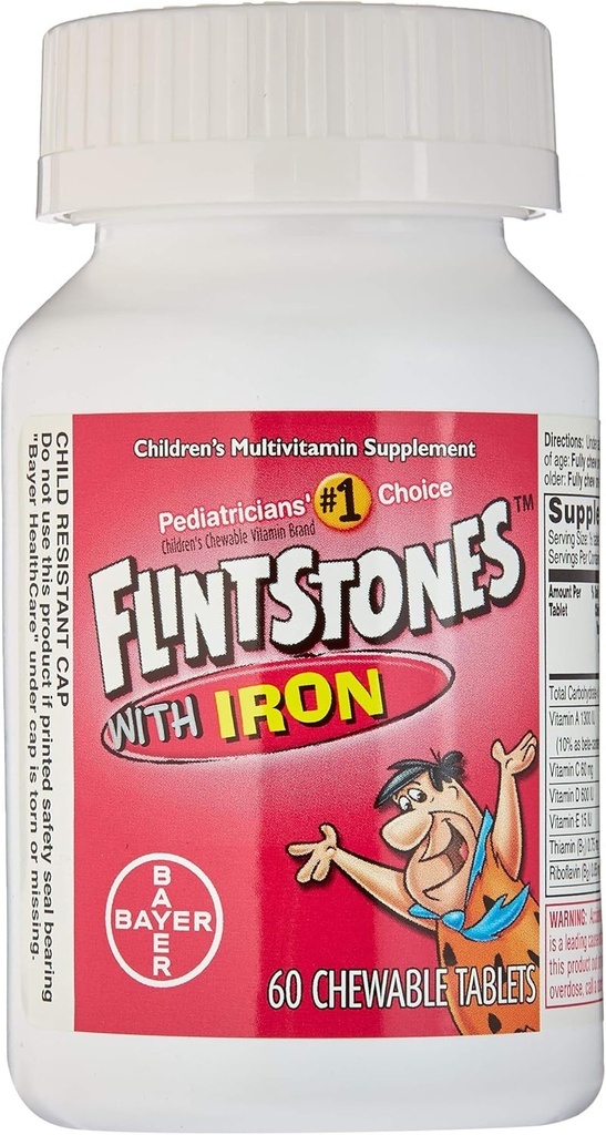 Flintstone Vit W/Iro Dimensioni 60s Flintstones bambini Multivitamin Supplemento W/ Iron Chewable Tabs 60 Ct (Pack of 2)