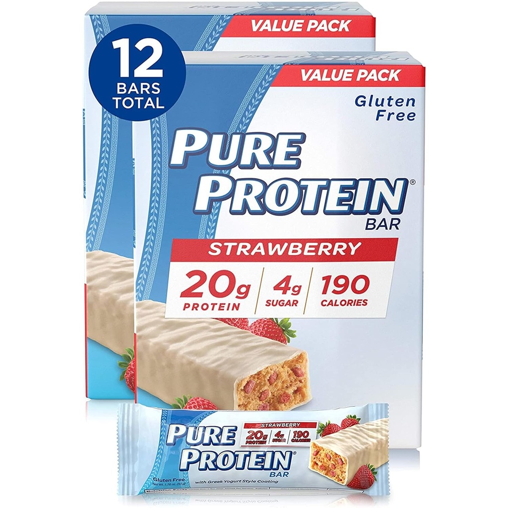 Barres de protéines pures, haute protéine, collations nutritives pour soutenir l'énergie, faible sucre, sans gluten, yogourt grec fraise, 6 barres chaque 1,76 Oz, paquet de 2