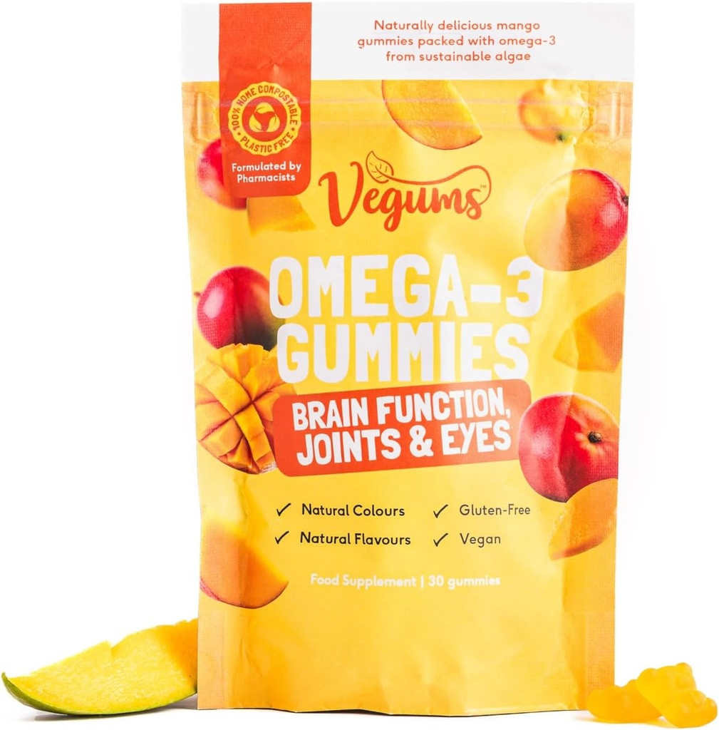Vegums Pesce-Free Omega-3 Gummies - 60 Orange-Flavored Algae-Based Omega-3 (DHA) & Vitamina E Supplemento per Bambini & Adulti - Vegan & Vegetariano