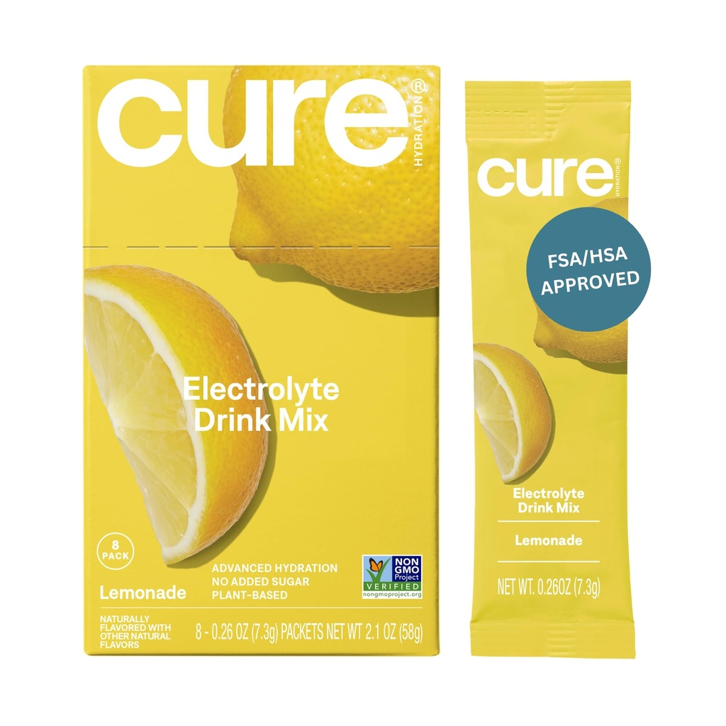 Cure Hydration | Pflanzenbasierte Elektrolyt-Getränk-Mix | Kein hinzugefügt Zucker | Dehydratation Relief Pulver mit Kokosnusswasser hergestellt | Non-GMO | Vegan | Box von 8 Packungen - Lemonade