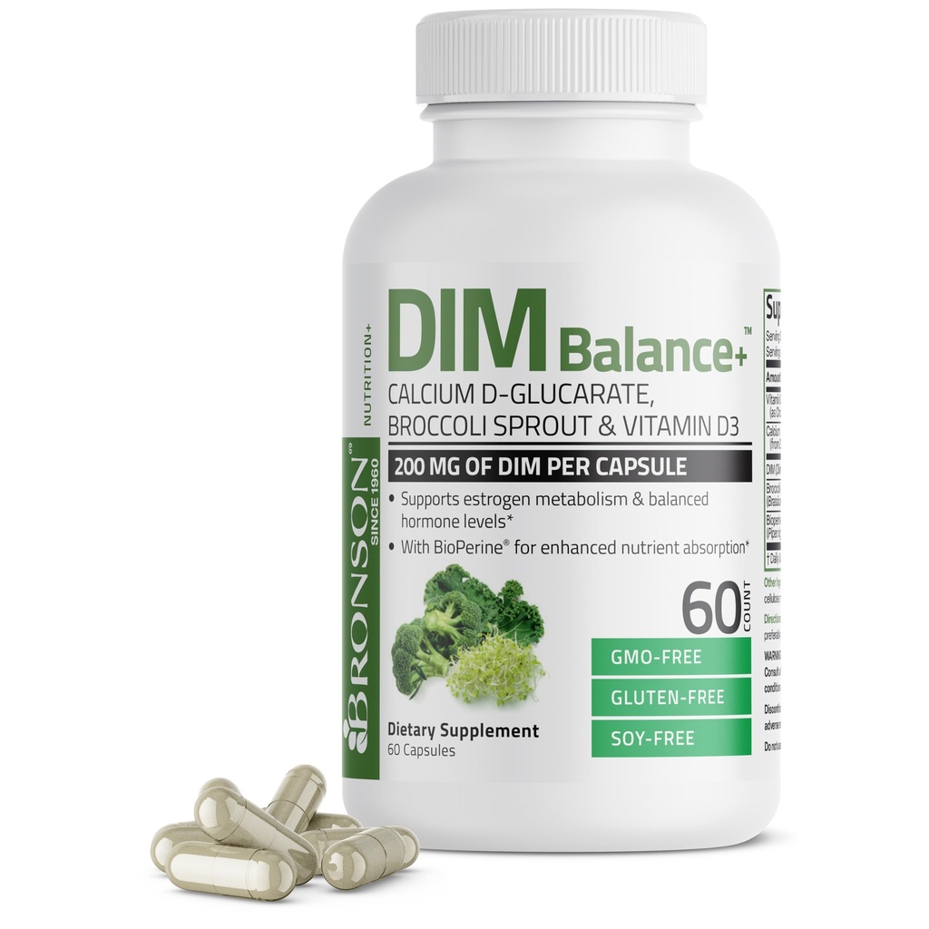 Bronson DIM Balance+ Calcium D-Glucarate, Broccoli Sprouts und Vitamin D3 200 MG von DIM pro Kapsel Unterstützt Estrogen Metabolismus und Balanced Hormon Levels Non-GMO, 60 vegetarische Kapseln