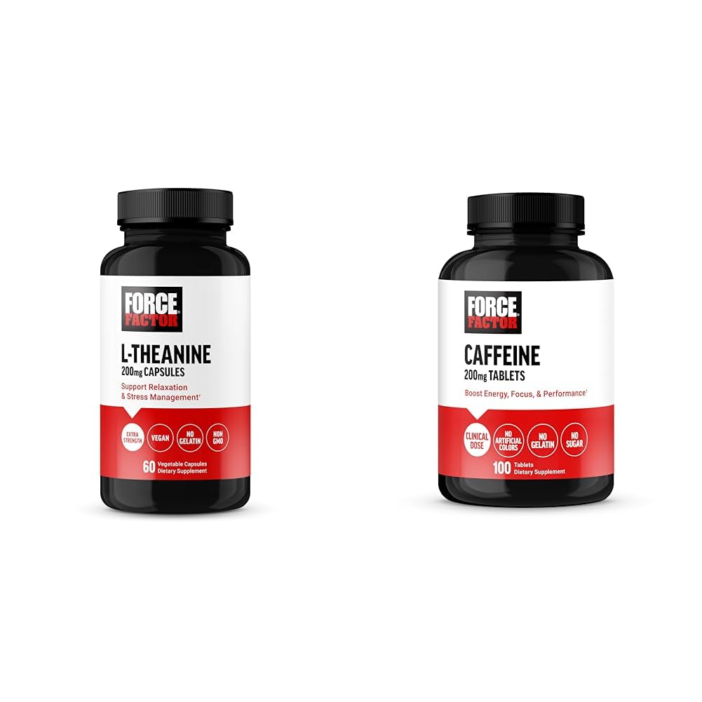 Fattore di forza L-teanina 200mg e la caffeina 200mg Supplemento Bundle per Stress sollievo, energia, messa a fuoco e prestazioni, 60 capsule e 100 compresse