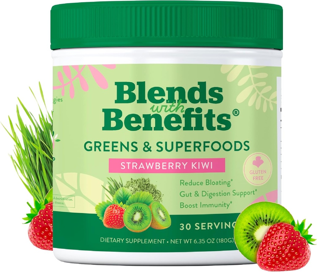 360 Nutrition Blends with Benefits Super Greens Powder w/Probiotics, Digestive Enzymes, Sugar & Gluten Free, Plant Based Superfood Drink Mix for Gut Health, Bloating, Immunity, Salute complessiva, 6.35 oz