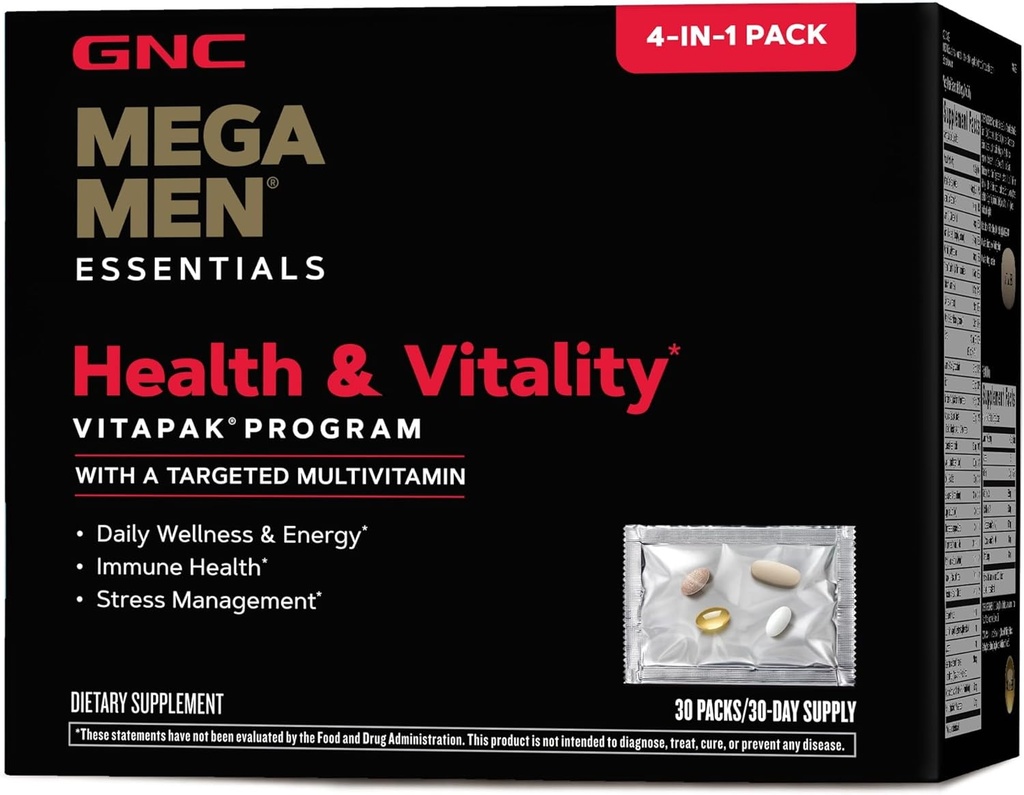 GNC Mega Men Salute e vitalità Vitapak, 30 pacchetti giornalieri, 4-in-1 programma giornaliero completo Multivitamin e nutrizione per gli uomini