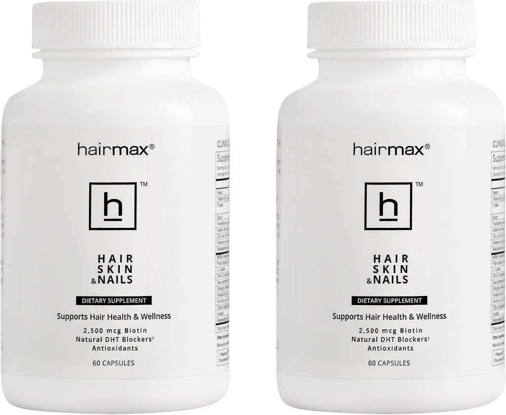 Hairmax für Haar, Haut und Nägel Nahrungsergänzung – Haarausfall und Haarpflege für Frauen und Männer. Enthält 2500mcg Biotin, DHT Blocker, MSM & Antioxidantien, Packung mit 2 Flaschen