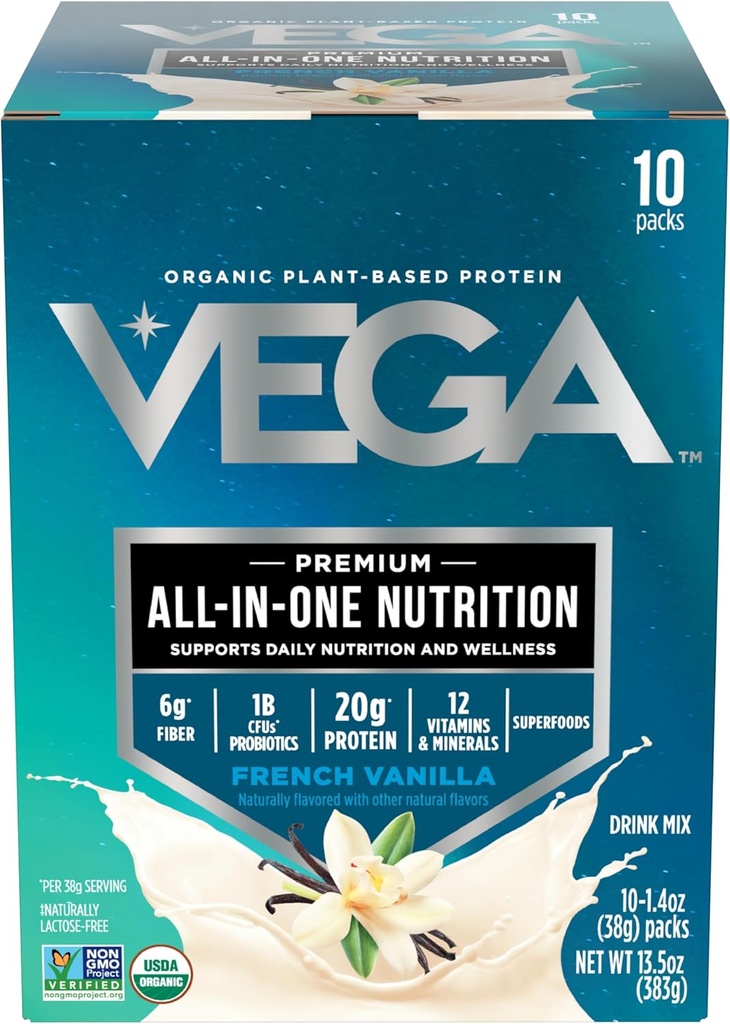 Vega Organic All-in-One Vegan Protein Powder, Vanilla Francese -Superfood Ingredienti, Vitamine per Supporto Immunità, Keto Friendly, Pea Protein per Donne & Uomini, 13.5 oz (Packaging May Vary)