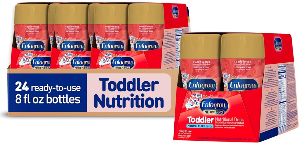 Enfagrow NeuroPro Toddler boisson nutritionnelle, faite avec du vrai lait, Omega-3 DHA de construction cérébrale, nutriments pour la croissance et le soutien immunitaire, non-OGM, prêt à l'emploi, 8 fl Oz (24 bouteilles)