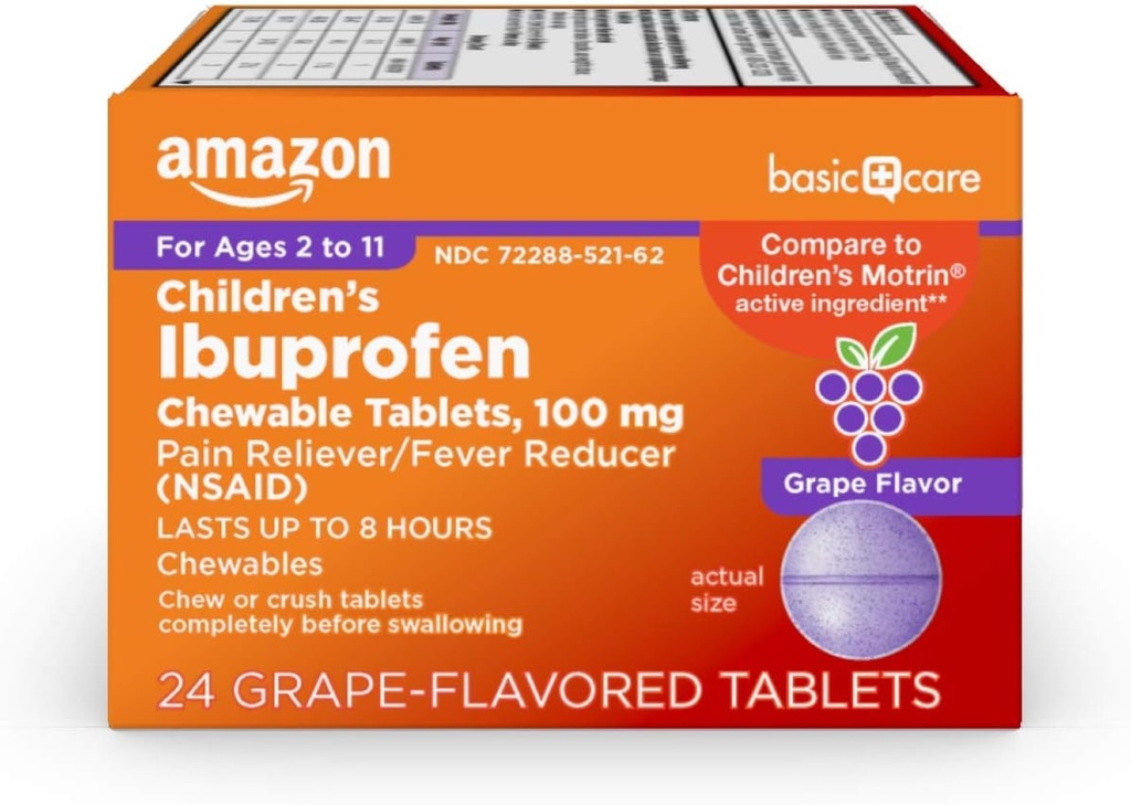 Grundpflege Kinder Ibuprofen Kautabletten 100 mg, Grape Flavor, Schmerzlinderung und Fever Reducer (NSAID), Für Sore Throat, Toothache, Kopfschmerzen Relief und mehr, 24 Count