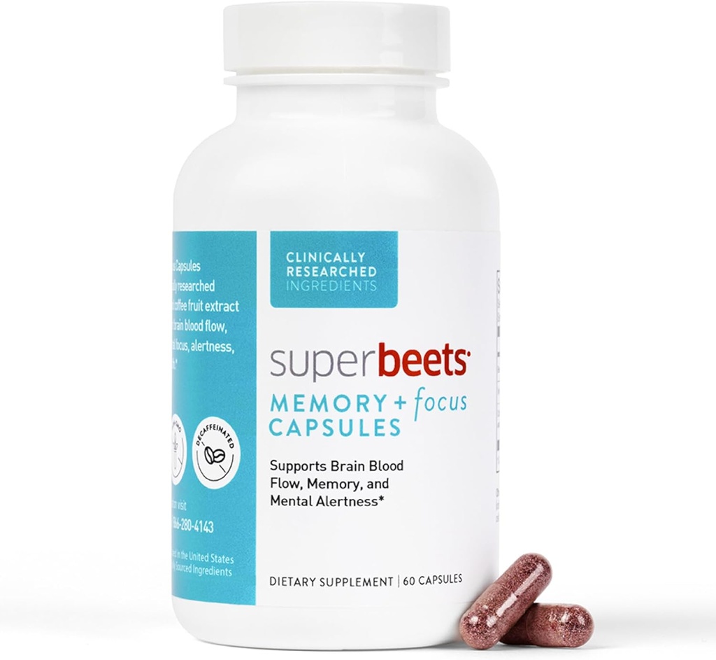 HumanN SuperBeets Mémoire et Focus Cerveau Supplément Capsules – Alerte mentale – Nootropic cliniquement étudié, Resveratrol Plus Beet Root Powder, sans sucre, 60 Compte