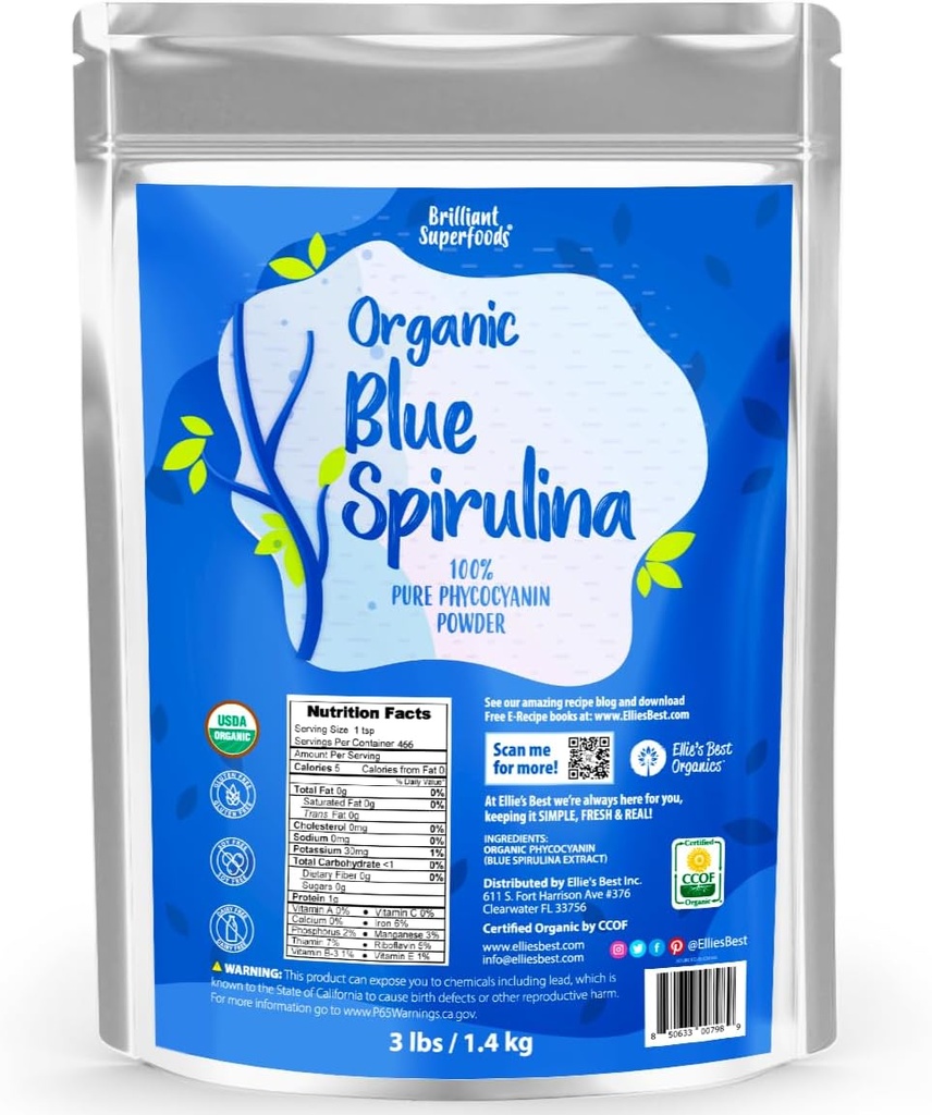 Ellie's Best Organic Blue Spirulina Powder Superfood Supplement - Odorless - 3LB Bulk - Vegan, Non GMO, Glutenfrei, Dairy-Free, Brilliant Blue Food Coloring - Pure Water Extracted