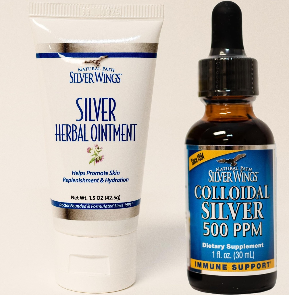 Natural Path Silver Wings Supplements - Kolloidal Silber 500 ppm (1 oz / 30 ml) Immununterstützung Plus Kräuter Salbe 250 ppm (1,5 oz)