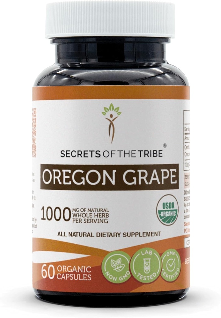 Segreti della Tribe Oregon Uva USDA Capsule Organici | Capsule Vegetariani Organici Certificati, Integratore Dietetico Erbale | Mahonia aquifolium Dried Root (60 Conte)