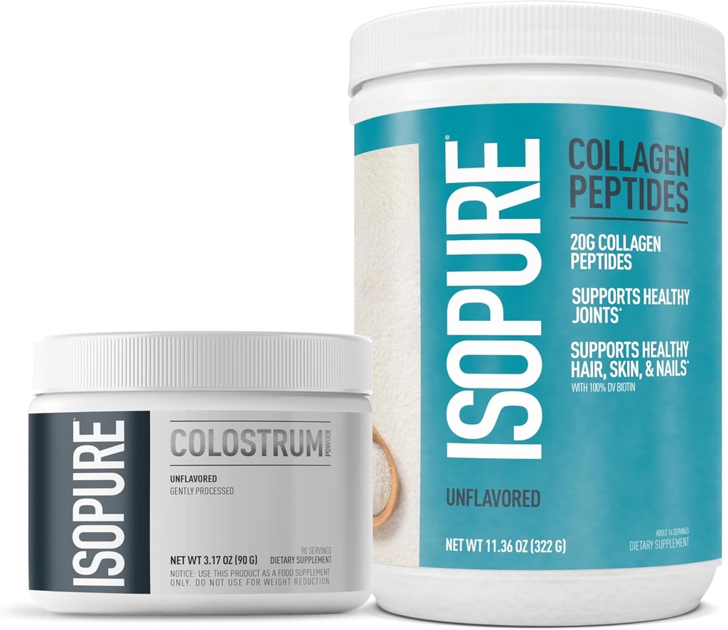 Bundle of Isopure Bovine Colostrum Supplement Powder, Gently Processed, 90 Servierungen + Isopur Collagen Peptides Powder,14 Servierungen, ungeflammt, mit Vitamin C, mit Biotin