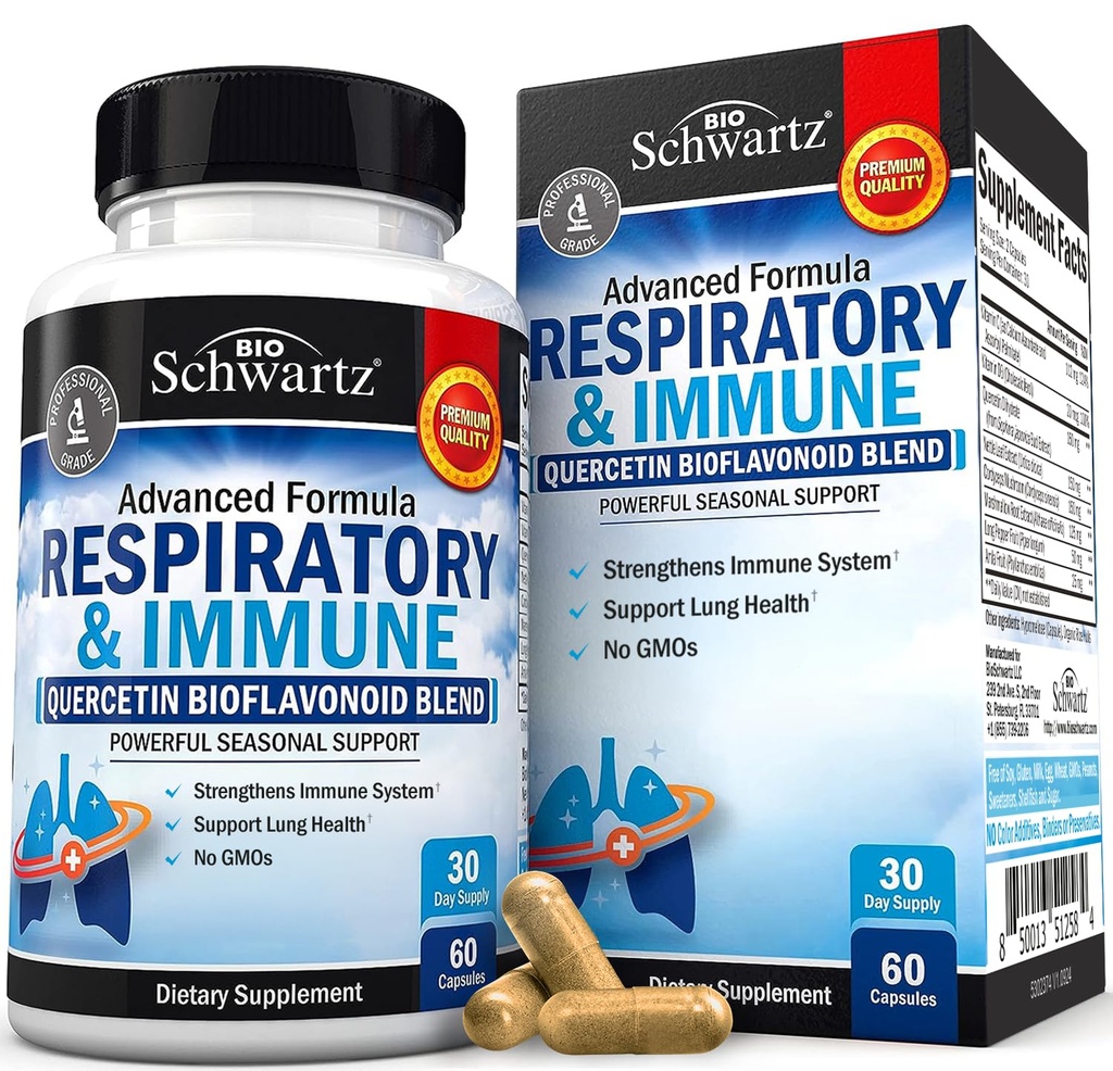Supplément de soutien respiratoire et immunitaire avec Quercetin, Vitamine D & Cordyceps, aide à apaiser les tissus respiratoires tout en maintenant le mucus, Vitamines de santé pulmonaire pour les femmes et les hommes, 60 capsules