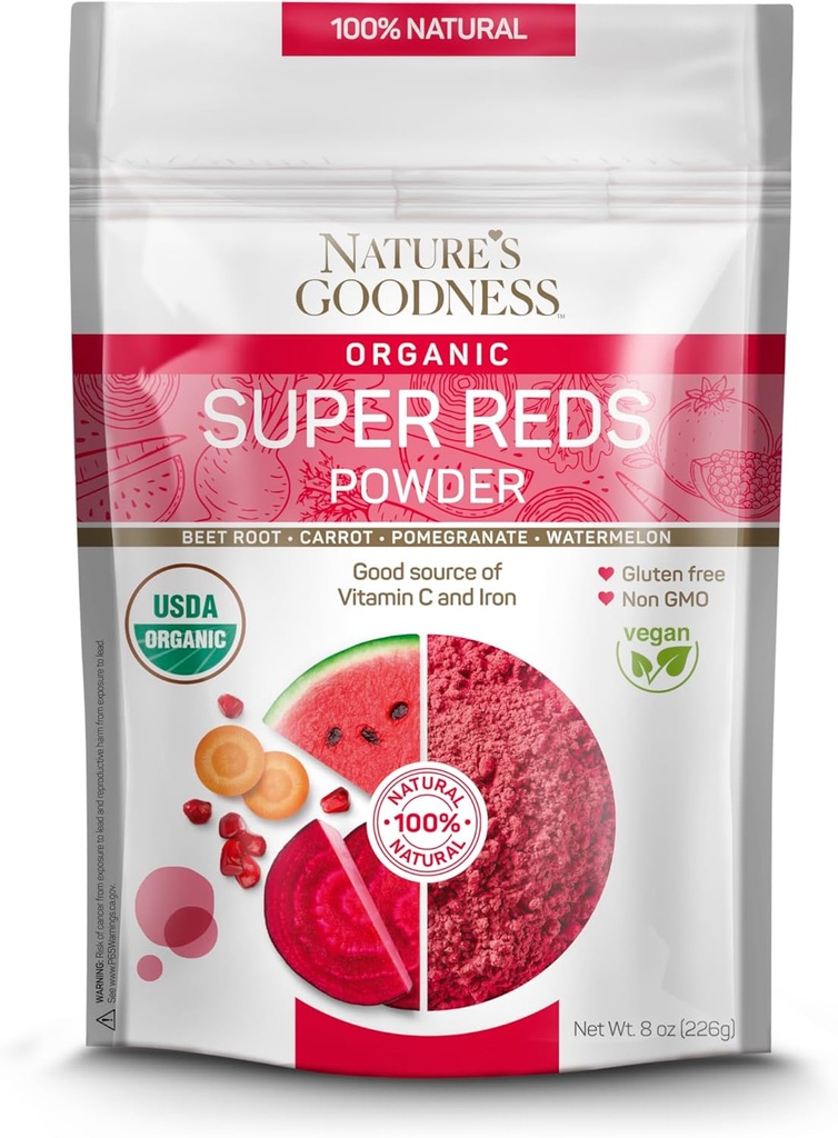 Polvere Super Reds della natura con radice di barbabietola, carota, melograno e anguria - Superfood Ricco Antiossidante per energia, salute del cuore e disintossicazione – 16 Serve (8 oz)