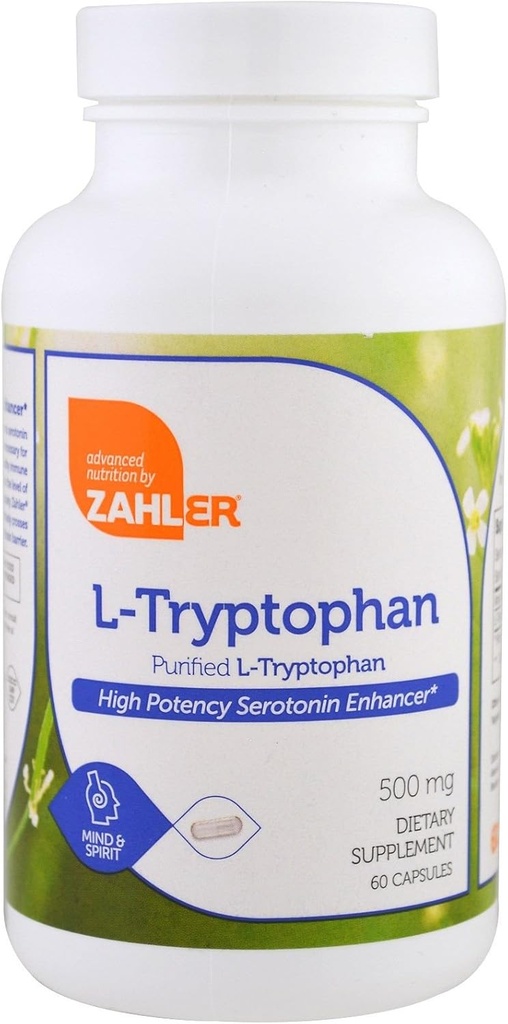 Zahler L-Tryptophan 500mg - Integratore di triptofano L purificato - Aminoacido ad alta potenza per la serotonina e il supporto bilanciato del mood - Vegetariano-Friendly, Kosher, Non OGM e Gluten Free (60 capsule)