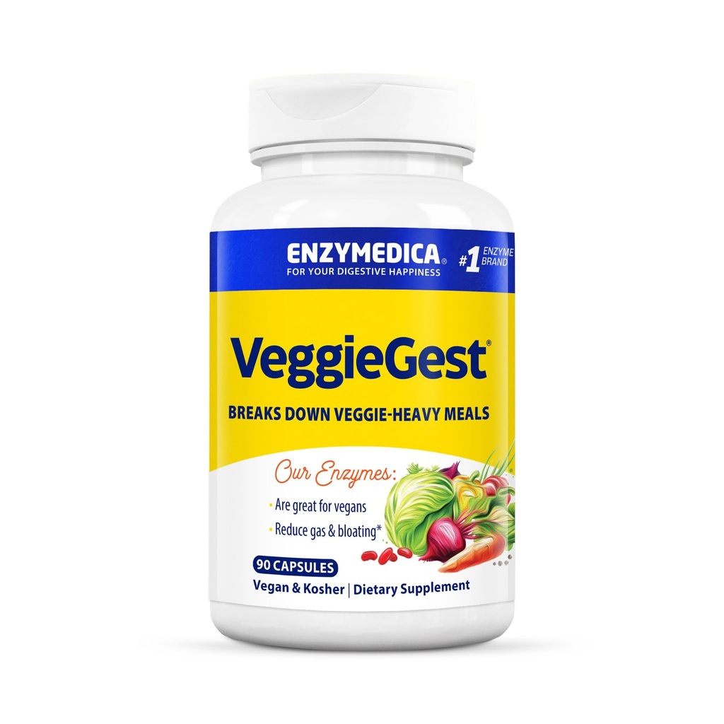 Enzymedica, VeggieGest, Verdauungsenzyme, unterstützt schädliches Gas- und Bloating Relief von hochfaserigen Mahlzeiten, für vegane und vegetarische Ernährung, Enzymmischung für Verdauungsgesundheit, 90 Zähler