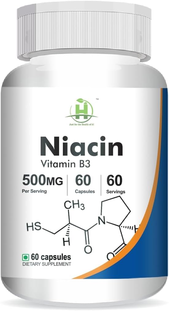 Generic Niacin (Vitamin B3) 500mg Energy Levels| Skin Health -60 Vegetarian Capsules -Pack of 1