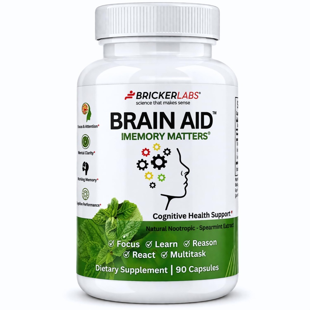 Bricker Labs Brain Aid Memory Matters – Nootropic Brain Supplement mit Neumentix Spearmint Extract für kognitive Unterstützung, Fokus, Konzentration und Gedächtnis – 90 Kapseln