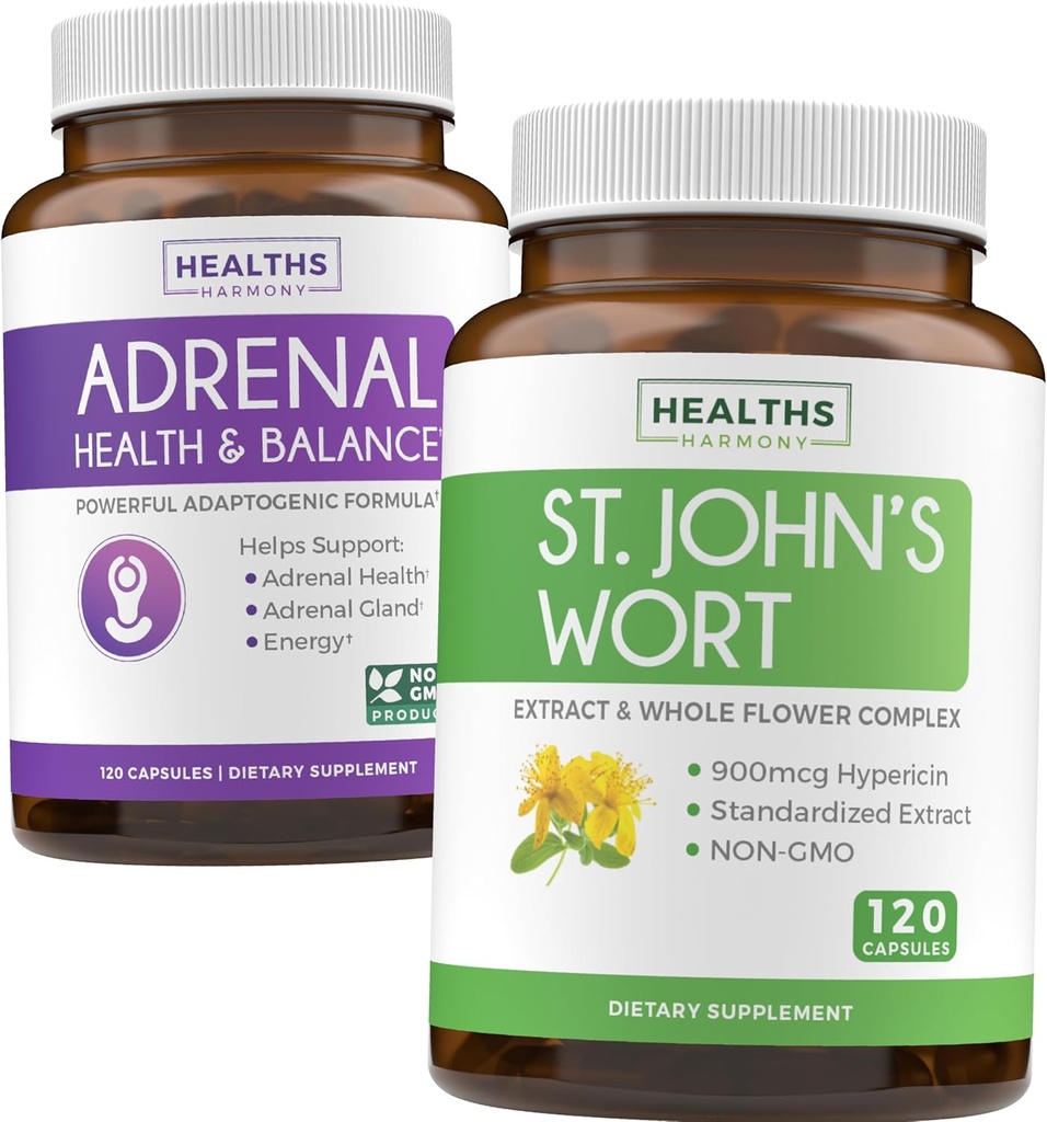 Adrenal & St. John's Wort (4-Month Supply) Mood Harmony Pack - Supporto surrenale con L-Tyrosine (120 capsule) & St. John Wort con Powerfil 900mcg Hypericin 500mg per Capsule (120 capsule)