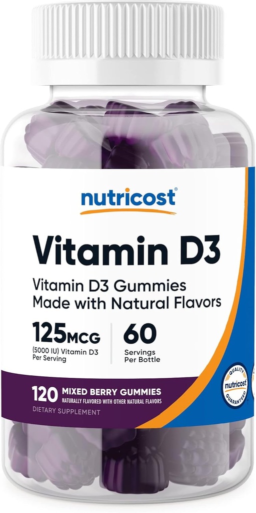 Nutricost Vitamin D3 Gummies 5,000 IU (125mcg), 120 Gummies - Mixed Berry Flavored, 60 Servings
