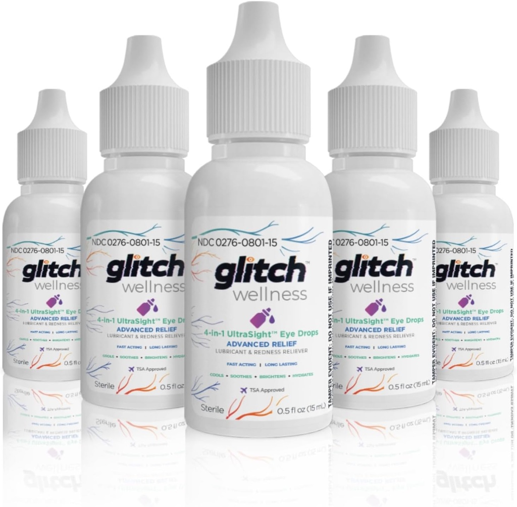 Glitch UltraSight Eye Drops for Dry Eyes 15mL - 4 in 1 Advanced Relief Dry Eye Drops - All Day Comfort with Hydration, Brightening, Cooling - Effectively Soothes Irritation & Dryness (5)