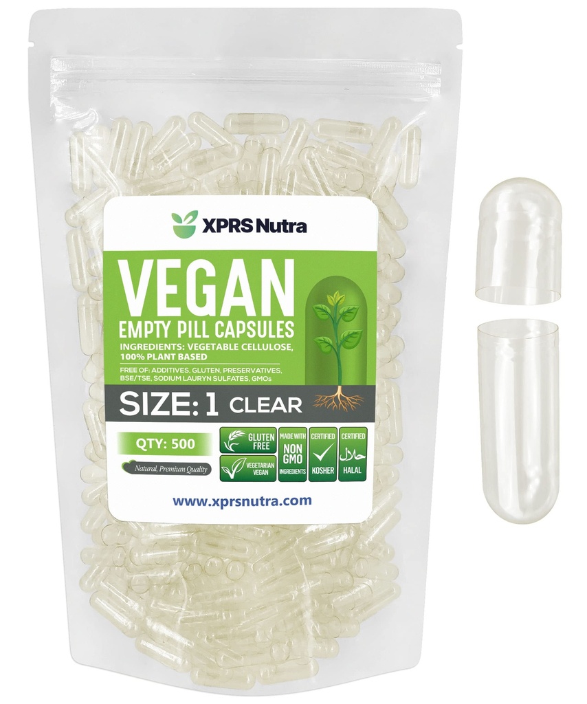 XPRS Nutra Größe 1 Leere Kapseln - 500 Graf Klare leere vegane Kapseln - Vegetarische Pillen - DIY Gemüse Kapsel Füllung- Veggie Pillen Kapseln für Do-It-Yourself Ergänzungen