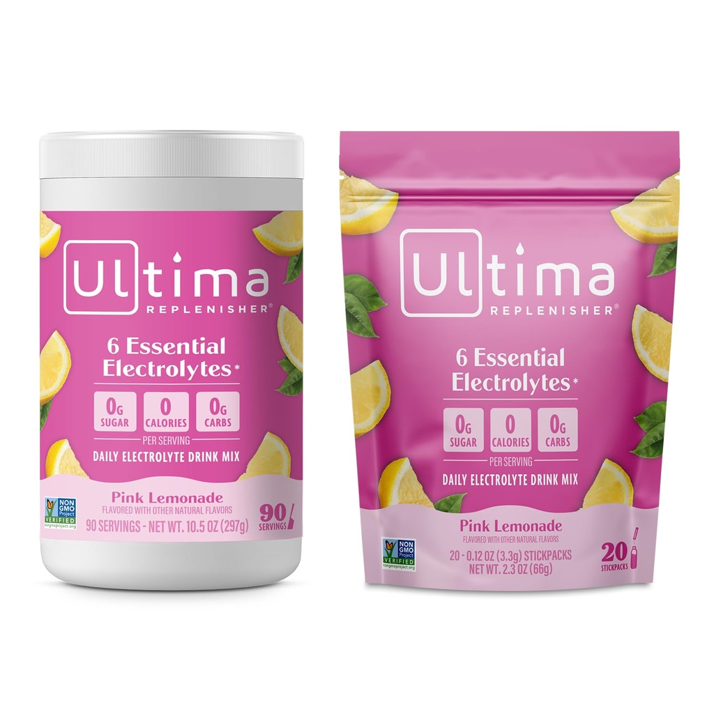 Ultima Replenisher Mélange de poudre d'électrolyte – Sans sucre – Cimonade rose, 90 boîtes de service et 20 sacs à bâton – 6 électrolytes et minéraux – Keto Friendly, Vegan, Non-OGM