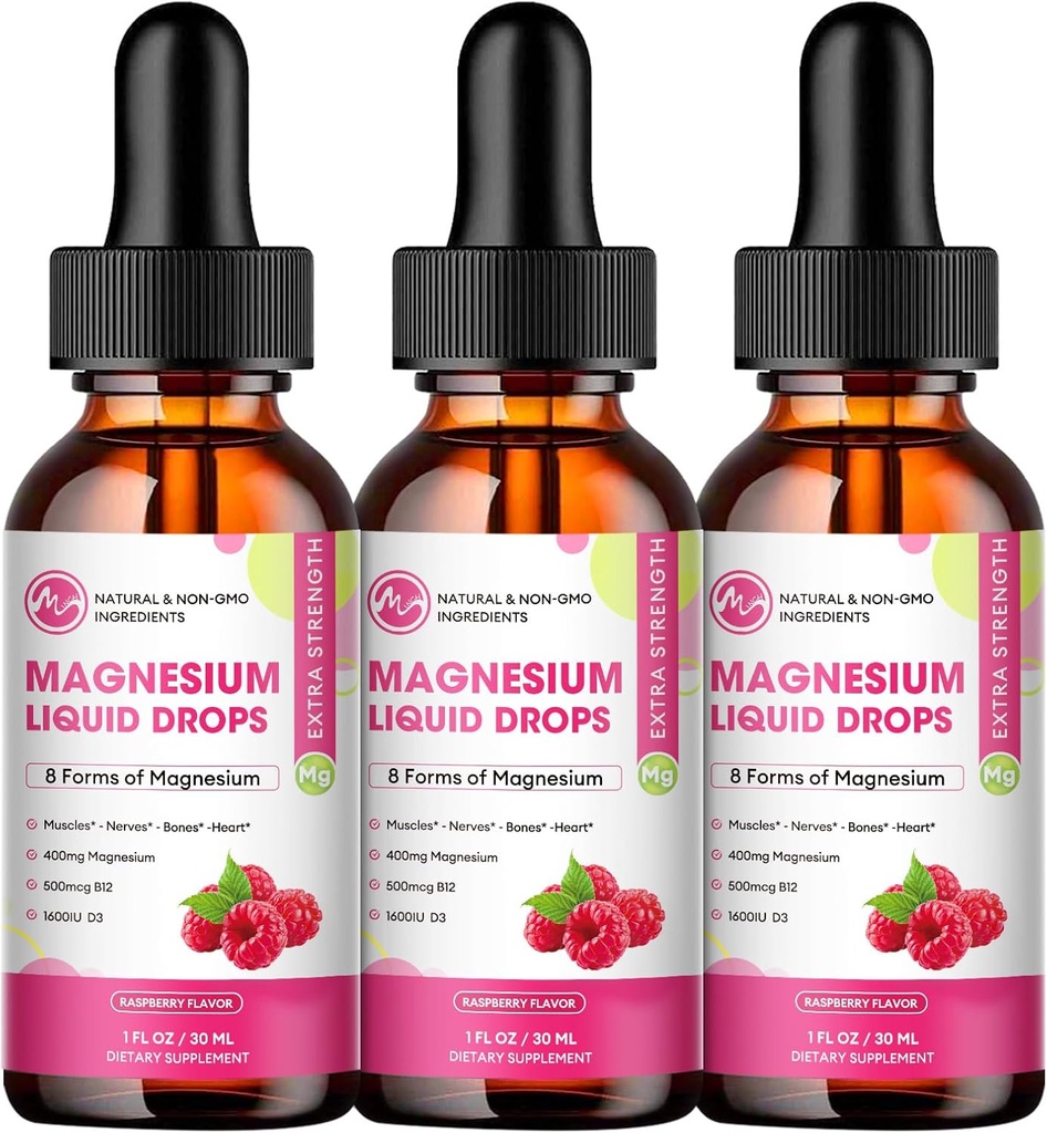 (3 Pack) M inch Magnesium Glycinat Flüssigkeitstropfen, Magnesium Liquid Supplement mit Cellulosefaser Raspberry Flavor