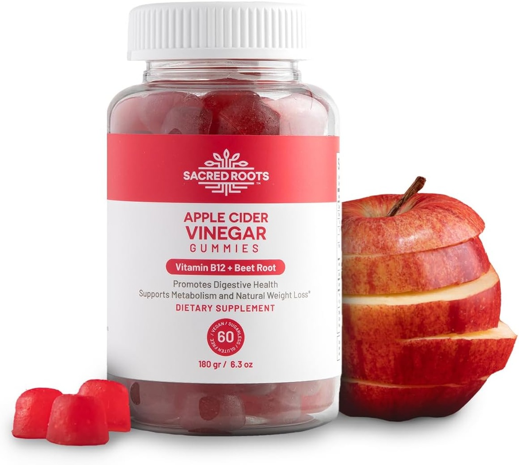 Gummes de vinaigre de cidre de pomme - sans sucre Gummes de cidre de pomme avec vitamine B12 et poudre de betterave - végétalien, non-OGM et sans gluten, fabriqués aux États-Unis (30 portions)