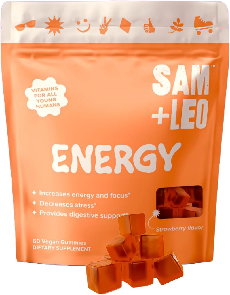SAM+LEO Energiegummis für Kinder mit Biotin, Vitamin C, B3, B6 und B12 - All Natural & Vegan Gummy for Energy & Focus Supplement for Kids - Stress & Digestive Support, Erdbeergummis - 60/