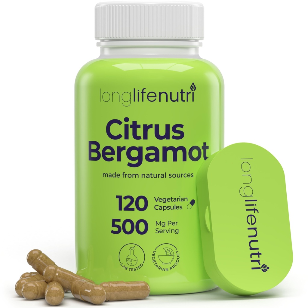 LongLifeNutri Citrus Bergamot Extrakt 500mg - 120 Vegetarische Kapseln, 40% Polyphenolische Flavanone, 4-Monats-Versorgung, Pflanzenbasierte Anti-Oxidant, Getestet, Made in USA