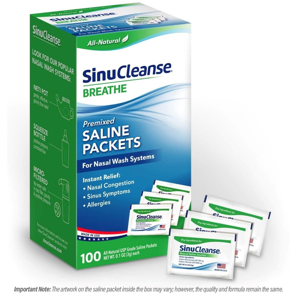 SinuCleanse Pre-Mixed Saline Packets für Sinus Rinse und Nasal Bewässerungssysteme, 100 Count, Made in USA, All-Natural, Pharmaceutical Grad und PH Balanced