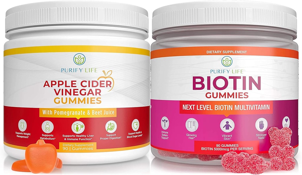 Purificare vita Aceto di sidro di mele & Biotin Bundle, Gummies per la pelle dei capelli e unghie (Bulk - 90 Chews), Gut Health & Digestion, Supporto immunitario, Detox, Metabolismo- No Capsule, Pillole, Tablet o Syrup