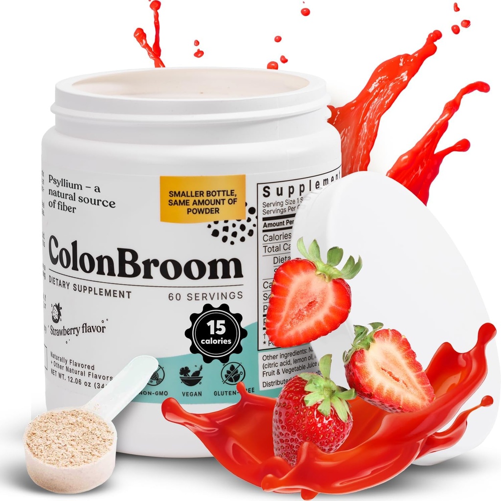 ColonBroom Psyllium Husk Powder (Strawberry) - Colon Cleanse for Bloating Relief & Gut Health - Colon Broom Fiber Powder Drink - Vegan, sans gluten, Supplément en poudre de fibre non OGM, 60 portions