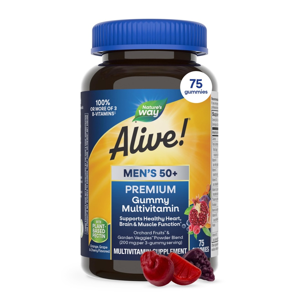 La Via della Natura Viva! Men’s 50 Plus Premium Gummy Multivitamin, Supporta il cuore sano, il cervello e la funzione muscolare con alta potenza B-Vitamins, vitamina A, C, D3, & Selenium*, Frutta aromatizzata, 75 Gummies