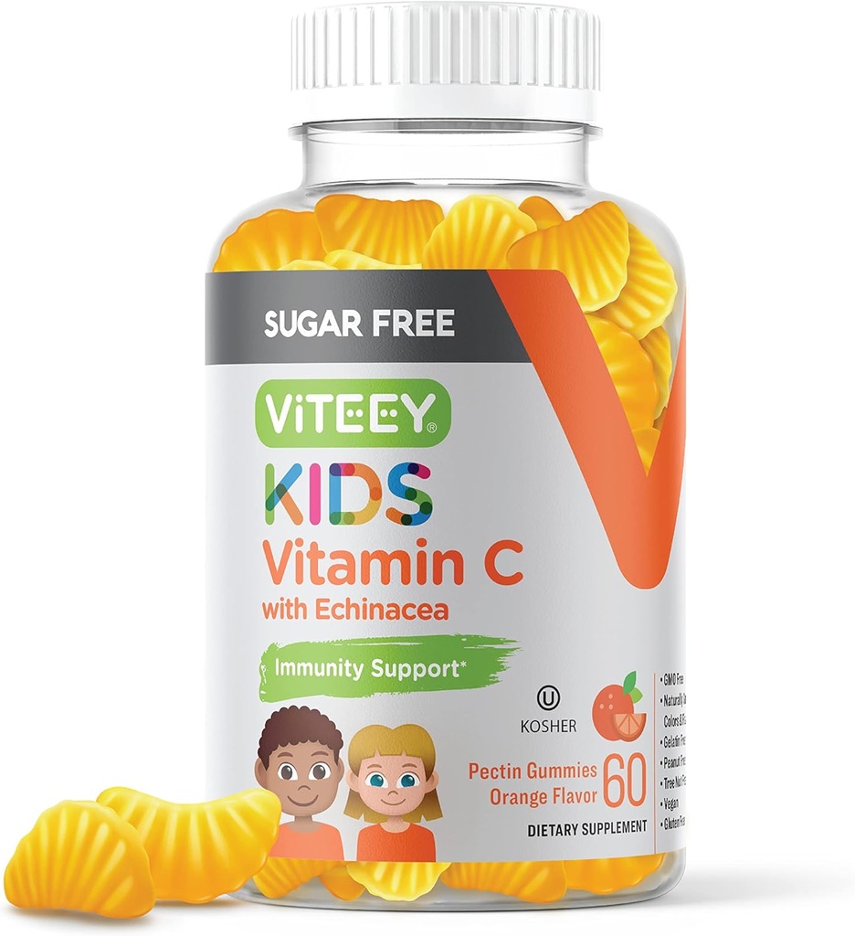 Viteey Kids Vitamin C Gummies 75mg, mit Echinacea - Sugar Free - Immununterstützung für Kleinkinder, & Teens - Vegan, Gelatin Free, Glutenfrei, GMO Free - Tasty Orange Flavored Kids Immunity Gummy