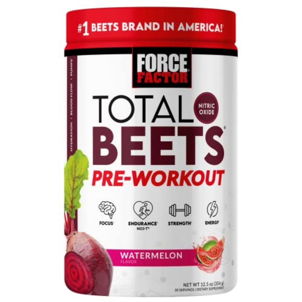 FORCE FACTOR Total Beets Pre-Workout-Pulver, um Energie und Ausdauer zu steigern, Stärke zu erhöhen und Blutfluss und Pumpen zu verbessern, Stickstoffoxid-Ergänzung mit Rüben-Root-Pulver, Wassermelone, 30 Portionen