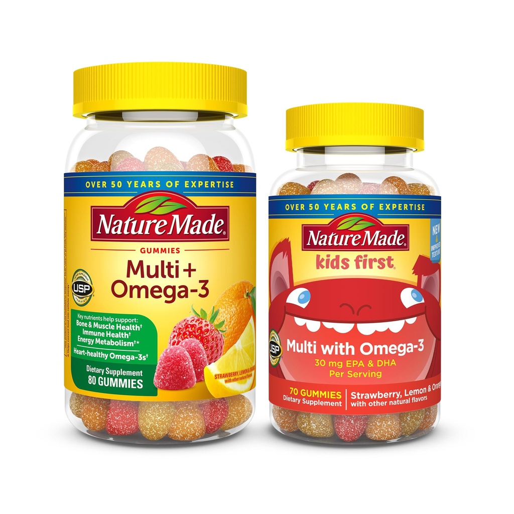 Pacchetto Combo multivitaminico per adulti e bambini, Multis con vitamina C, Vitamina D3, B Vitamine, Zinco, Omega 3 Fish Oil & More, Due bottiglie multivitaminiche per tutta la famiglia