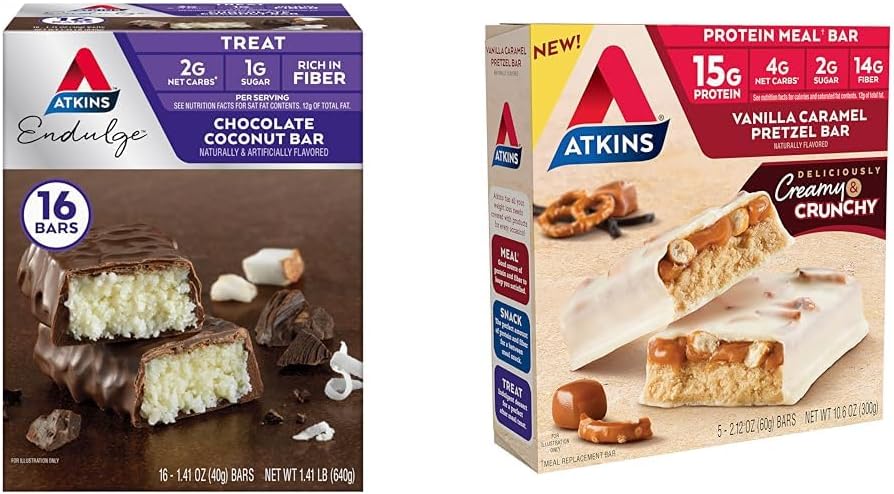 Atkins Chocolate Coconut Bar 16 Count, Vanilla Caramel Pretzel Protein Meal Bar 5 Count