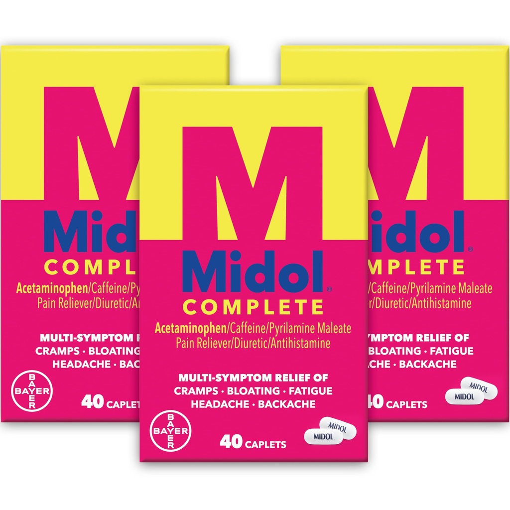 Midol Complete Menstrual Pain Relief Caplets with Acetaminophen for Period Cramps, and Menstrual Symptom Relief - 40 Count (Pack of 3) (Packaging May Vary)
