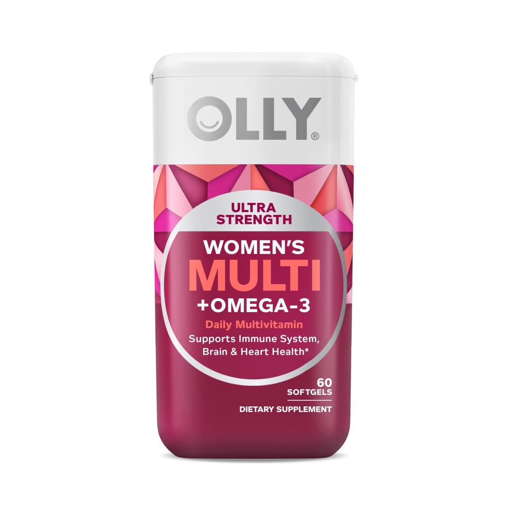 OLLY Ultra Strength Multi Softgels pour femmes, santé globale et soutien immunitaire, Oméga-3s, fer, vitamines A, D, C, E, B12, multivitamine quotidienne, 30 jours d'approvisionnement - 60 Nombre