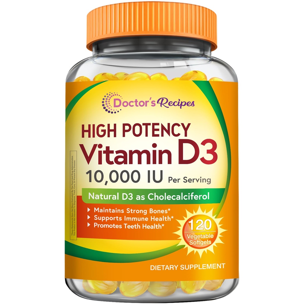 Recettes du médecin Vitamine D3 10000 UI, Bons, Dents et Immunissance, Non-OGM, Pas de gélatine, Gluten ou soja, 120 softgels végétariens