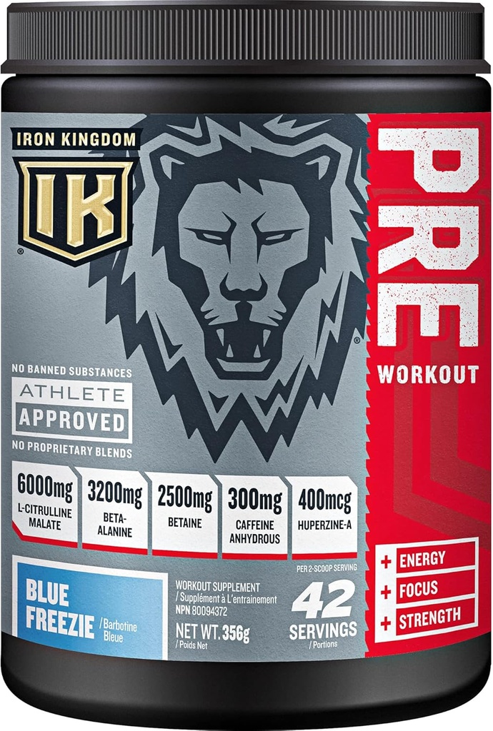 Iron Kingdom Pre Workout Poudre pour hommes et femmes Caféine, Beta Alanine & Aminos pour Intense Focus Endurance & Pump - Préworkout Poudre de boisson énergétique Natural Blue Freezie - 42 portions