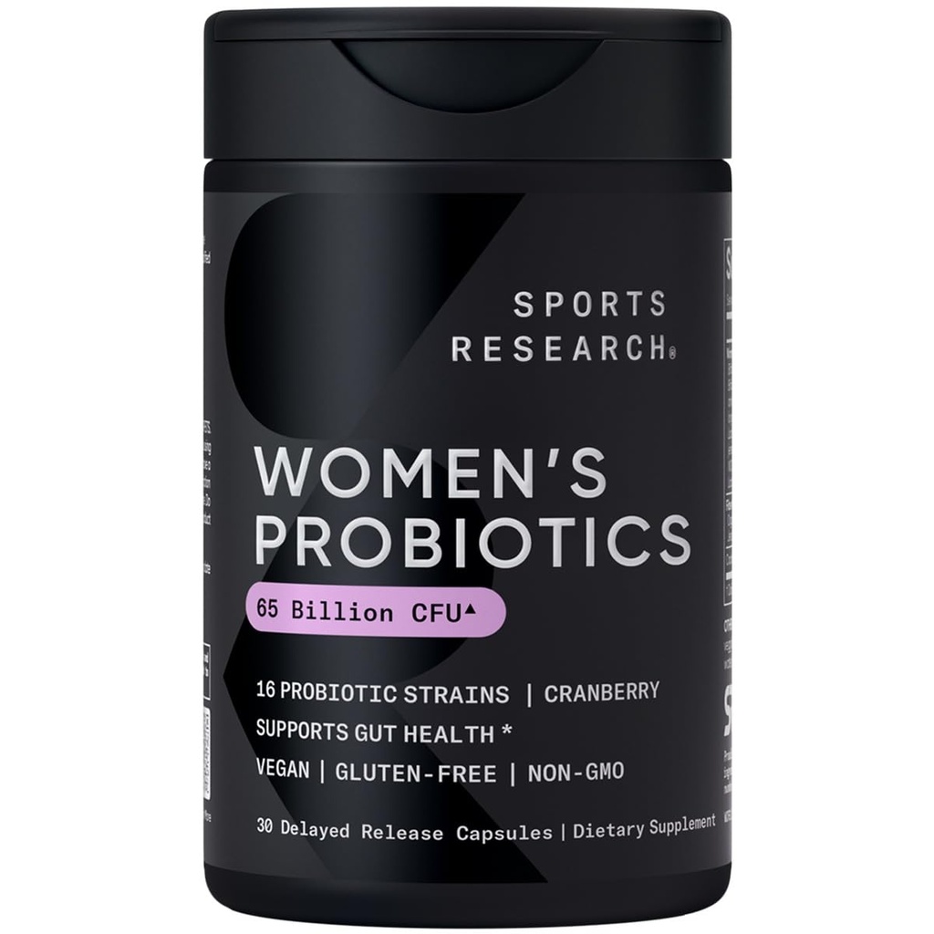 Probiotici Sport Research® Donna con Prebiotici, 65 miliardi di CFU - Capsule Vegan per Gut Health & Digestive Support, Probiotici per Donne con Mirtillo - Non OGM Verified & Gluten Free - 30 Count