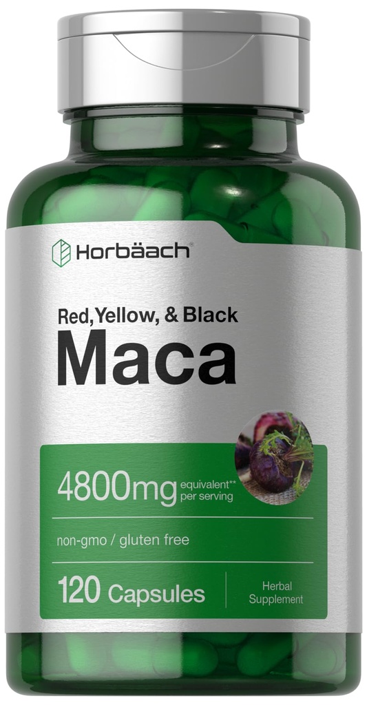 Horbäach Maca Root Capsule per Uomini e Donne | 120 pillole | Estratto ad alta potenza | Formula Non OGM e Gluten Free