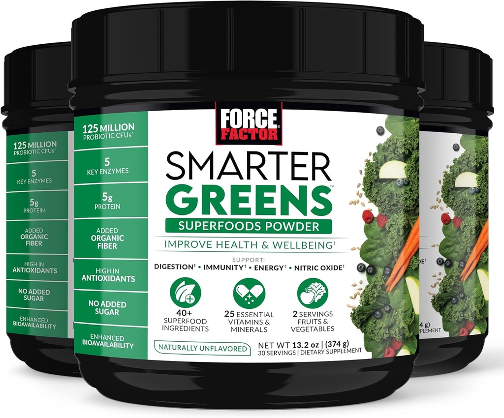 FORCE FACTOR Smarter Greens Superfoods Powder, 3-Pack, unterstützt Verdauung und Bloating, Immunität und Energie, Greens Powder mit Probiotics, Verdauungsenzyme, Antioxidantien und Faser, 90 Servierungen