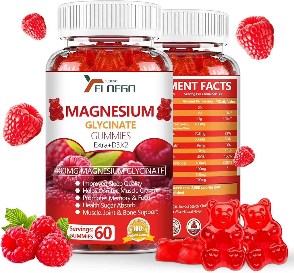 Magnesio Glycinate Gummies 600mg (Magnesium Malate 200mg), Extra K2 & D3, Alto assorbimento Magnesio Supplemento per il sonno,Stress Relief, Nerve Support, Raspberry (60 Conte)