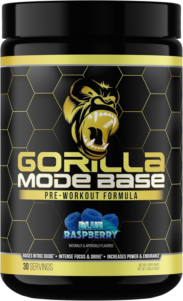 Gorilla Mind Base Pre Workout - Erhöht Nitric Oxide Intensiv Fokus & Drive Endurance Power - L-Citrulline, L-Tyrosine, Betaine, Alpha-GPC, Koffein, Huperzine A - 360 Grams (Blaue Himbeere)