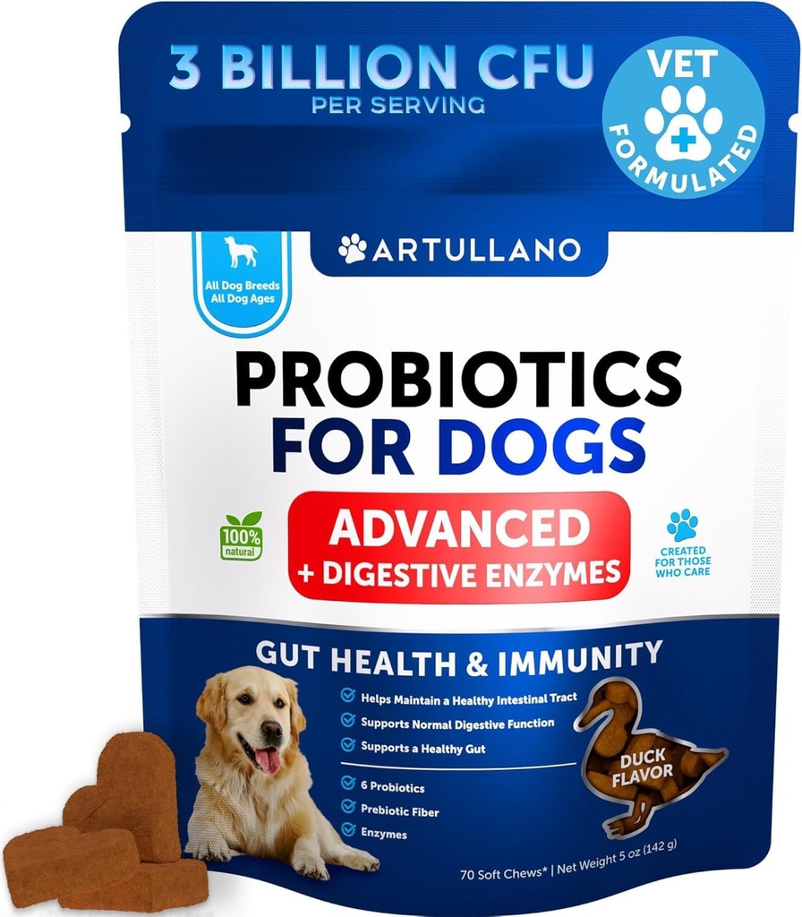 Probiotici per cani - Support Gut Health, Itchy Skin, Allergies, Immunità, Yeast Balance - Probiotici per cani e enzimi digestivi con prebiotici - Ridurre diarrea, Gas - 70 Cuciture probiotiche per cani